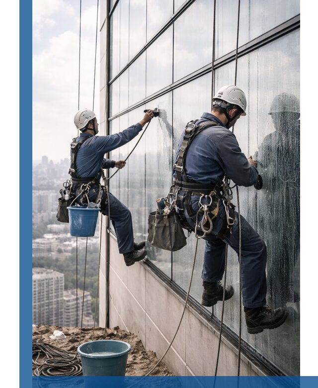 Профессиональная мойка фасадных окон альпинистами в Мурманске