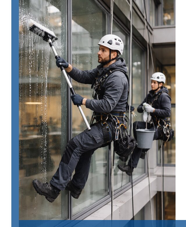 Профессиональная мойка витражей промышленными альпинистами в Мурманске