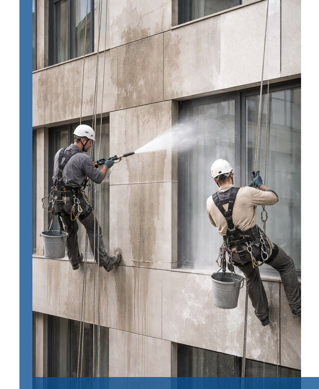 Послестроительная мойка фасада промышленным альпинизмом в Мурманске