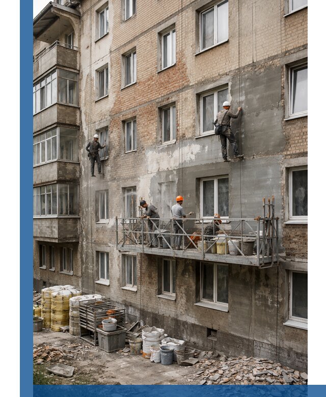 Капитальный ремонт фасада в Мурманске с восстановлением и гидроизоляцией