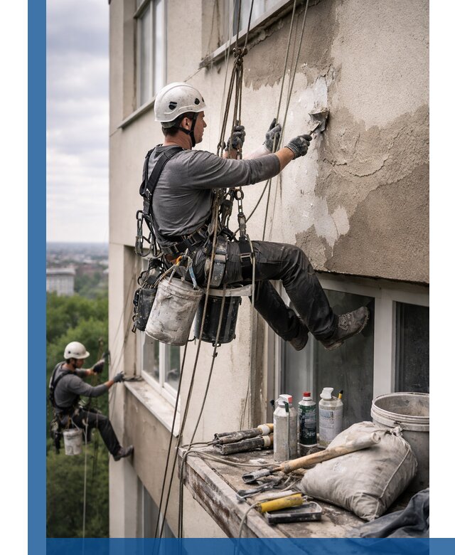 Косметический ремонт фасада зданий в Мурманске промышленными альпинистами
