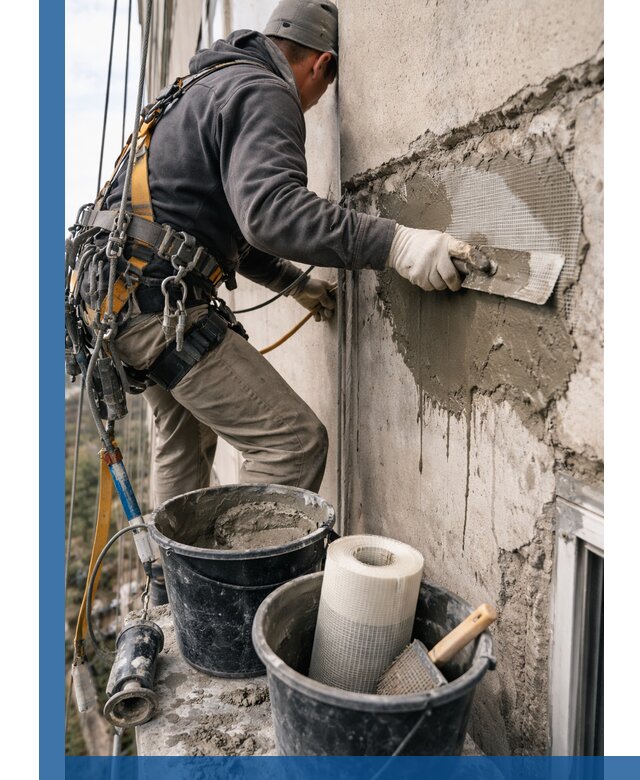 Ремонт бетонных элементов фасада промышленными альпинистами в Мурманске