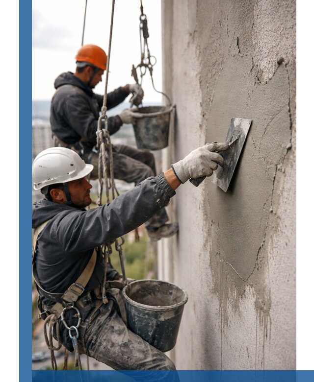 Штукатурка фасада на высоте в Мурманске профессиональные работы