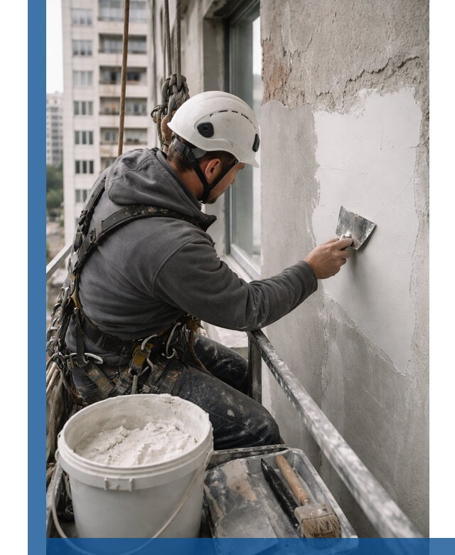 Шпаклевка фасадов на высоте с промальпинистами в Мурманске