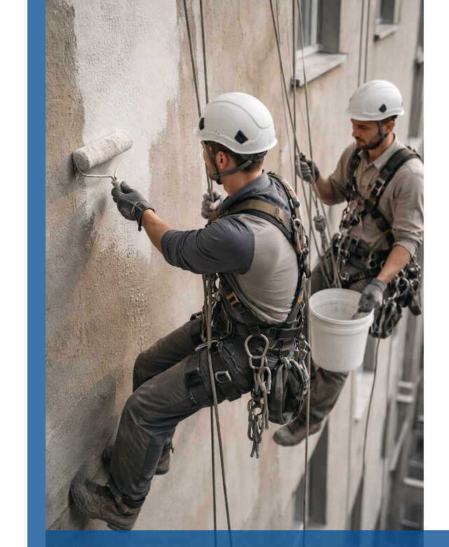 Грунтовка фасада на высоте в Мурманске промышленными альпинистами