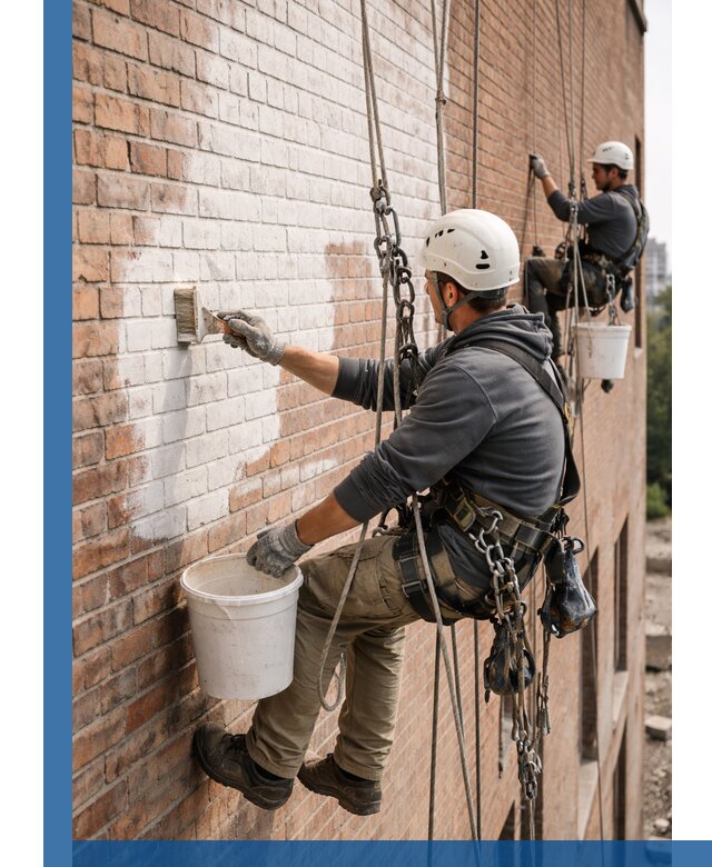 Покраска кирпичного фасада с доступным альпинистским сервисом в Мурманске