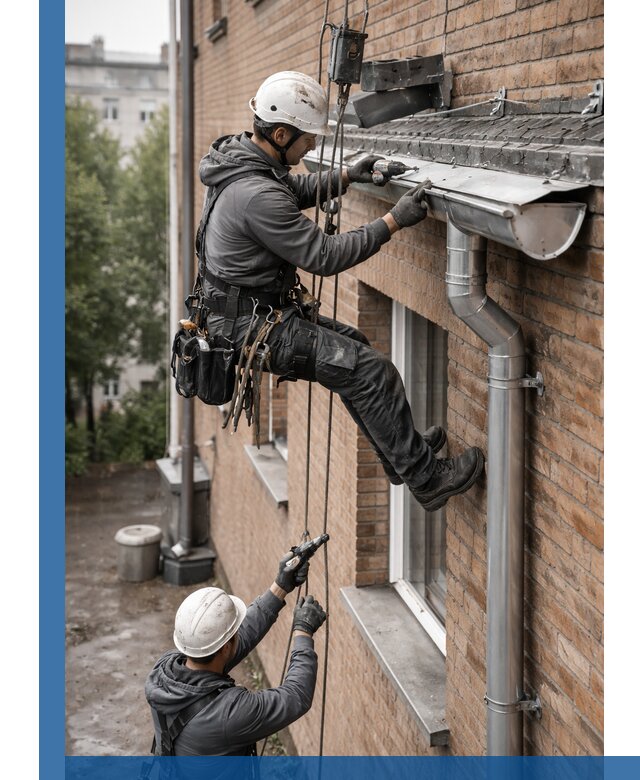 Монтаж водосточной системы на здании в Мурманске под ключ