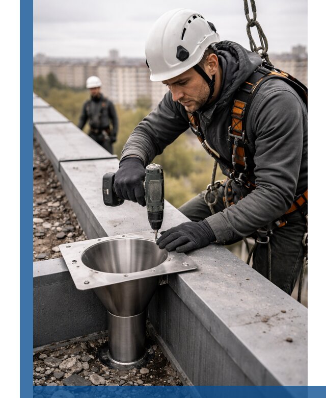 Монтаж водосточных воронок в Мурманске для промышленных зданий