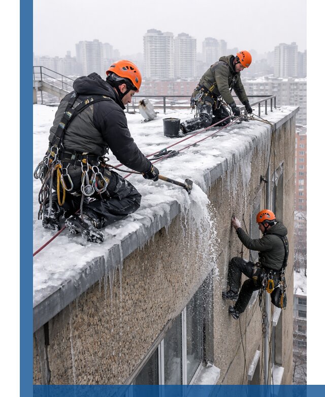 Удаление наледи с кровли в Мурманске промышленными альпинистами