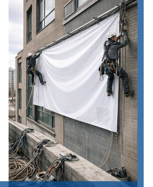 Монтаж баннеров на фасаде в Мурманске от 668 р. заказать ВЫСОТНИК-Мрм