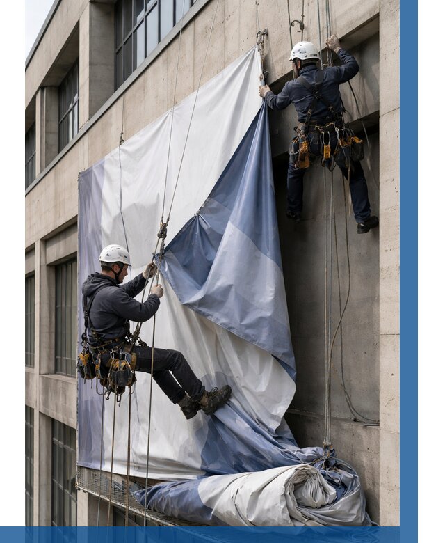 Демонтаж баннеров с фасада в Мурманске от 4627 р. | ВЫСОТНИК-Мрм