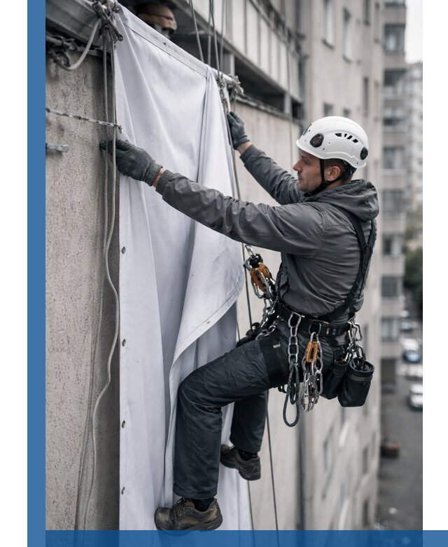 Замена баннерного полотна промышленными альпинистами в Мурманске