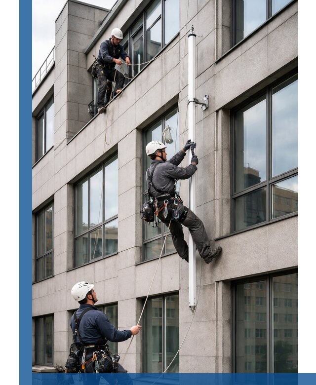 Монтаж флагштока на фасаде здания с креплением и герметикой в Мурманске