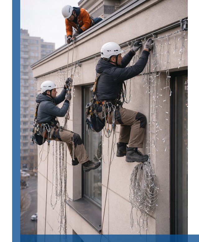 Монтаж праздничных гирлянд на фасаде в Мурманске для зданий