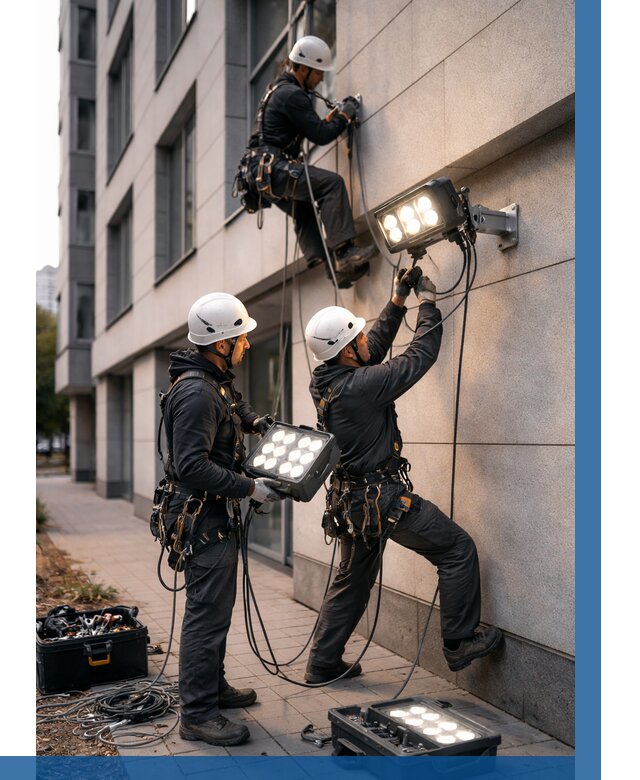 Монтаж прожекторов на фасаде в Мурманске от 7712 р. | ВЫСОТНИК-Мрм
