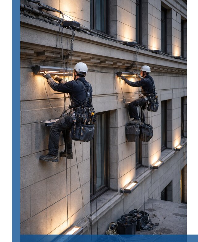 Монтаж архитектурной подсветки фасадов зданий в Мурманске