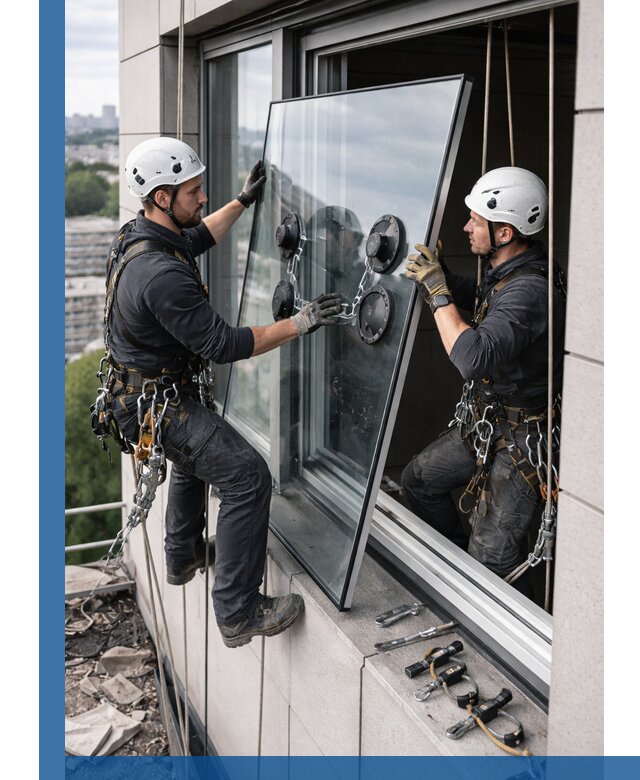 Замена стеклопакетов на высоте с промышленными альпинистами в Мурманске