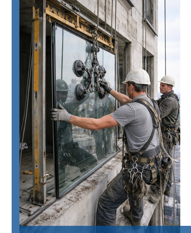 Монтаж стеклопакетов на высоте в Мурманске с промышленным альпинизмом