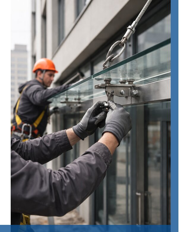 Монтаж стеклянных козырьков в Мурманске от 8740 р. | ВЫСОТНИК-Мрм