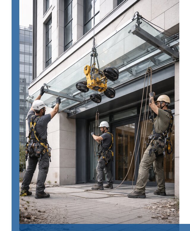 Монтаж стеклянных козырьков под ключ в Мурманске для зданий