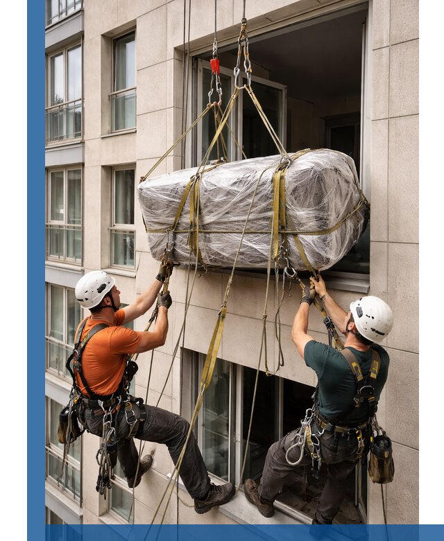 Подъем грузов через окно в Мурманске промышленными альпинистами