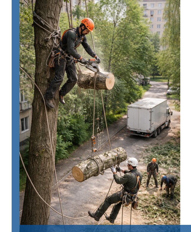 Спил деревьев альпинистами в Мурманске, безопасно и без повреждений