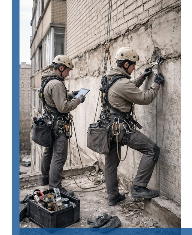 Обследование фасада промышленными альпинистами в Мурманске